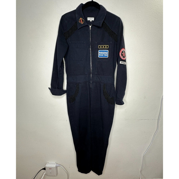 Claudie Pierlot Blue Denim Tassled Long Sleeve Front-Zip Cuffed Hem Jumpsuit 36 - Picture 3 of 12